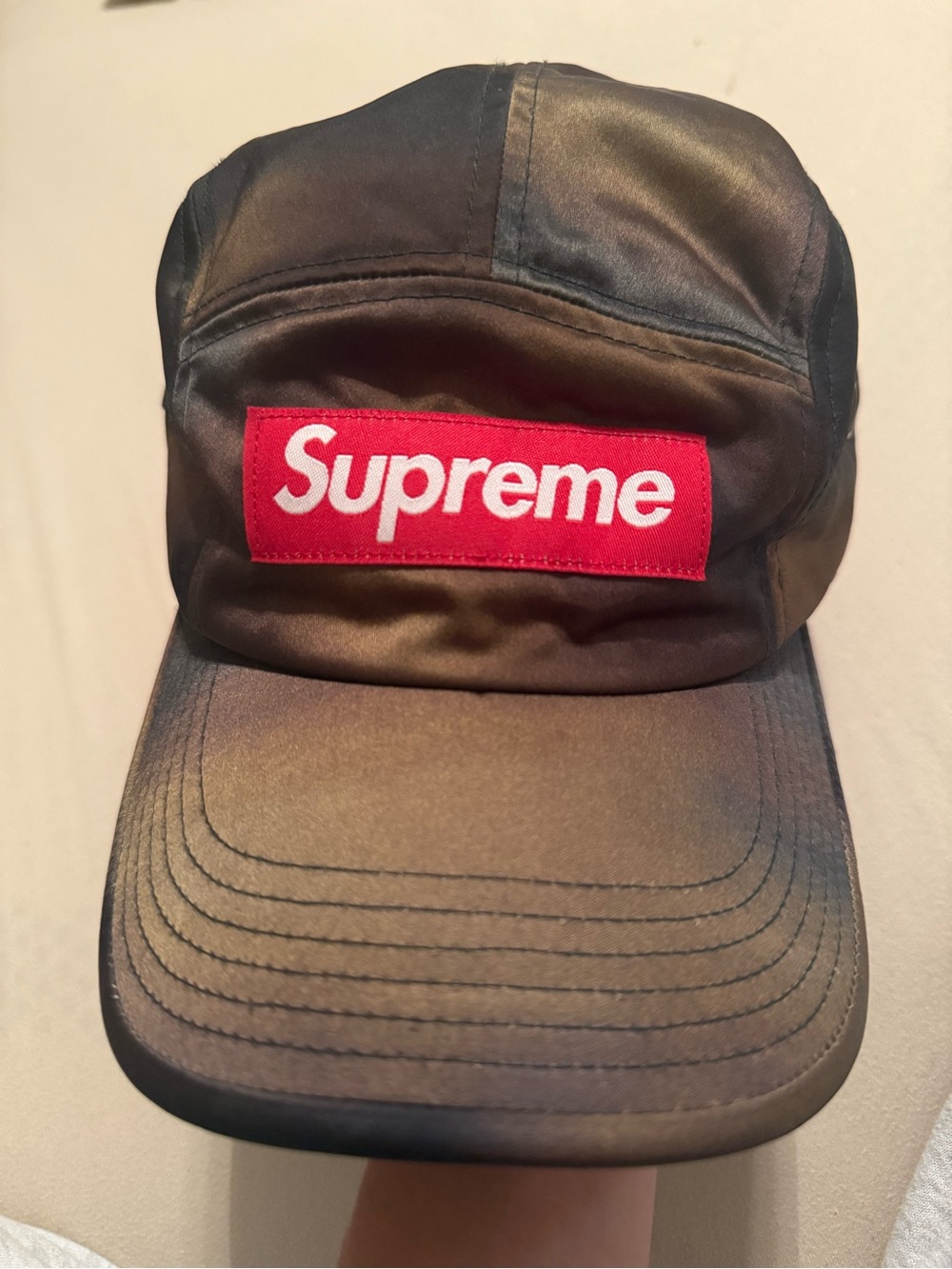 Supreme Black Satin Camp Cap with Red Box Logo Patch